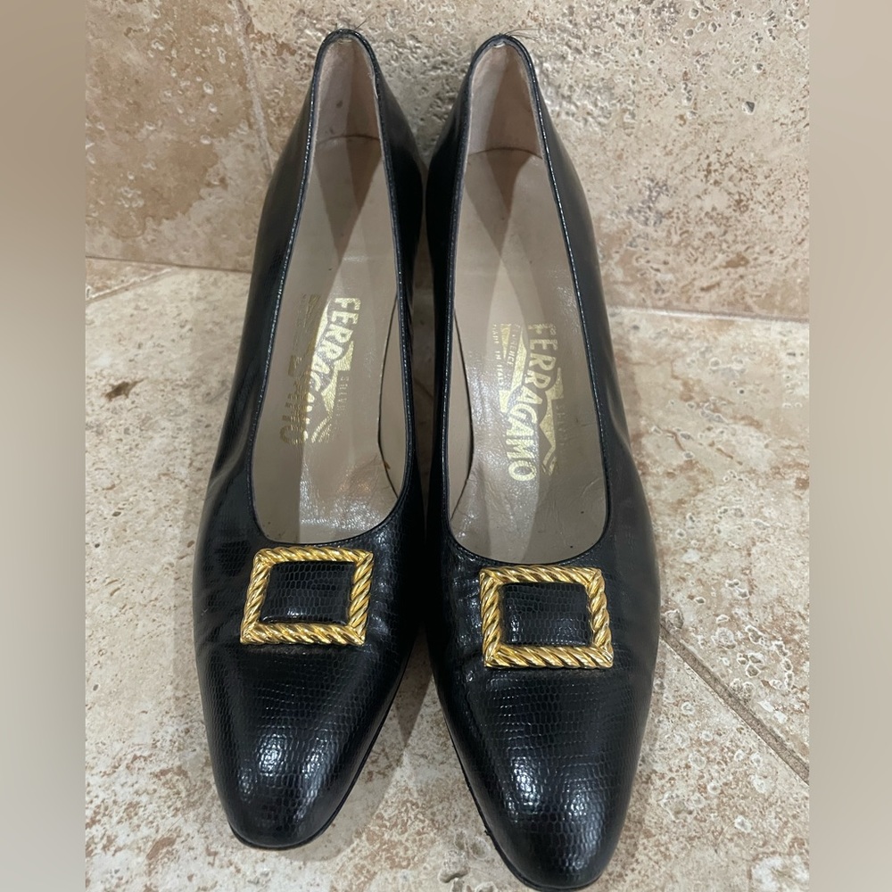 Salvatore Ferragamo Vintage Black Leather Gold Buckle Snakeskin Pumps